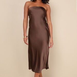 Lulus Dark brown midi strapless cowl back dress